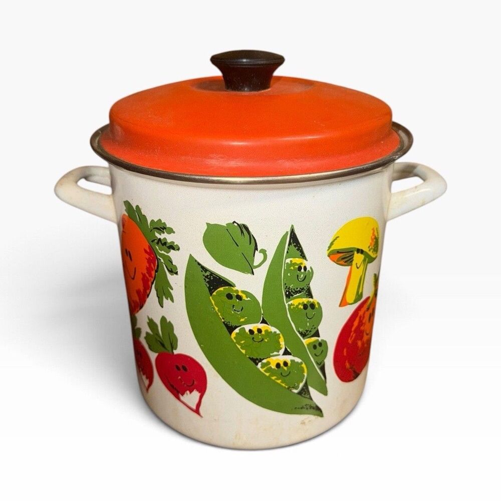Vtg 1970s Enamel Stockpot Smiling Vegetables Retro Mid Century Enamelware Cooke
